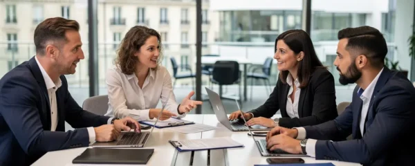 Élus CSE en réunion de discussion autour d'une table dans une salle moderne d'entreprise
