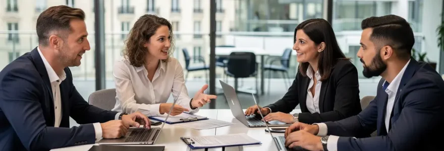 Élus CSE en réunion de discussion autour d'une table dans une salle moderne d'entreprise
