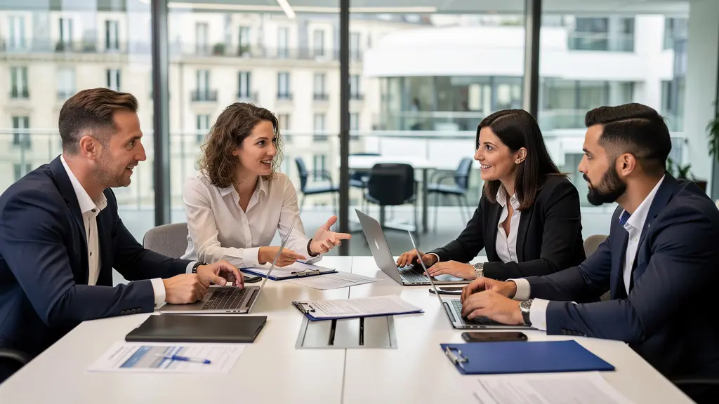 Élus CSE en réunion de discussion autour d'une table dans une salle moderne d'entreprise